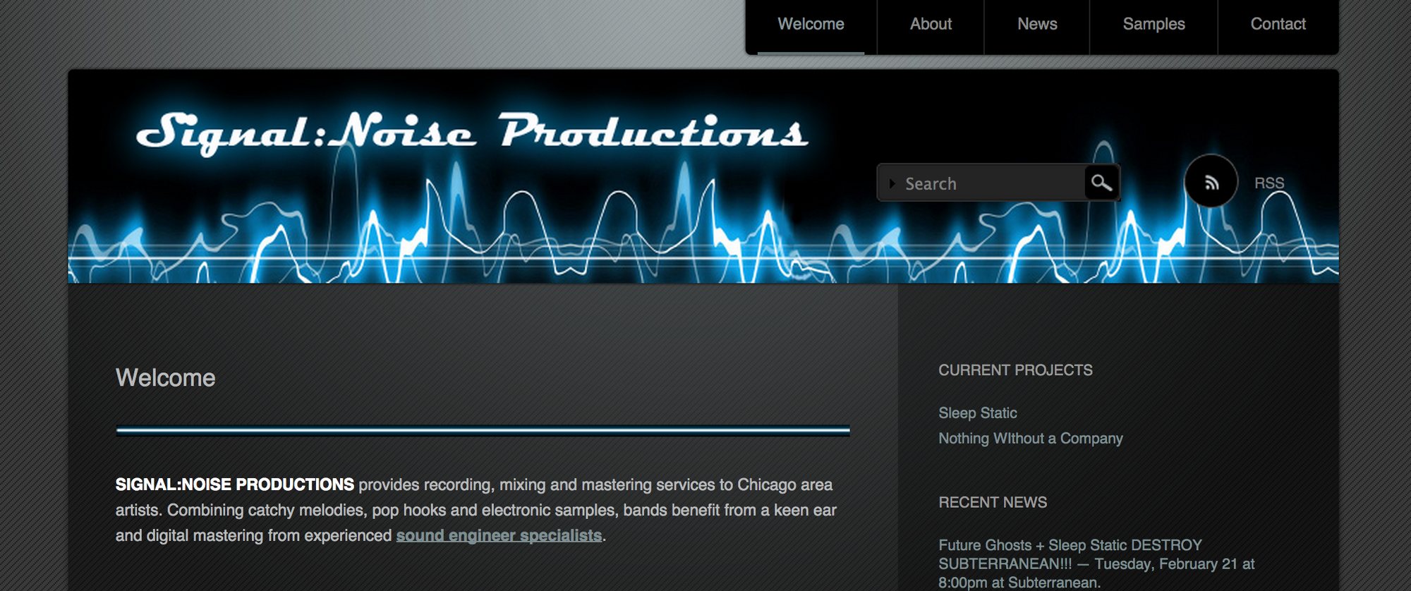 Signal:Noise Productions website banner with a sound waveform and wordmark